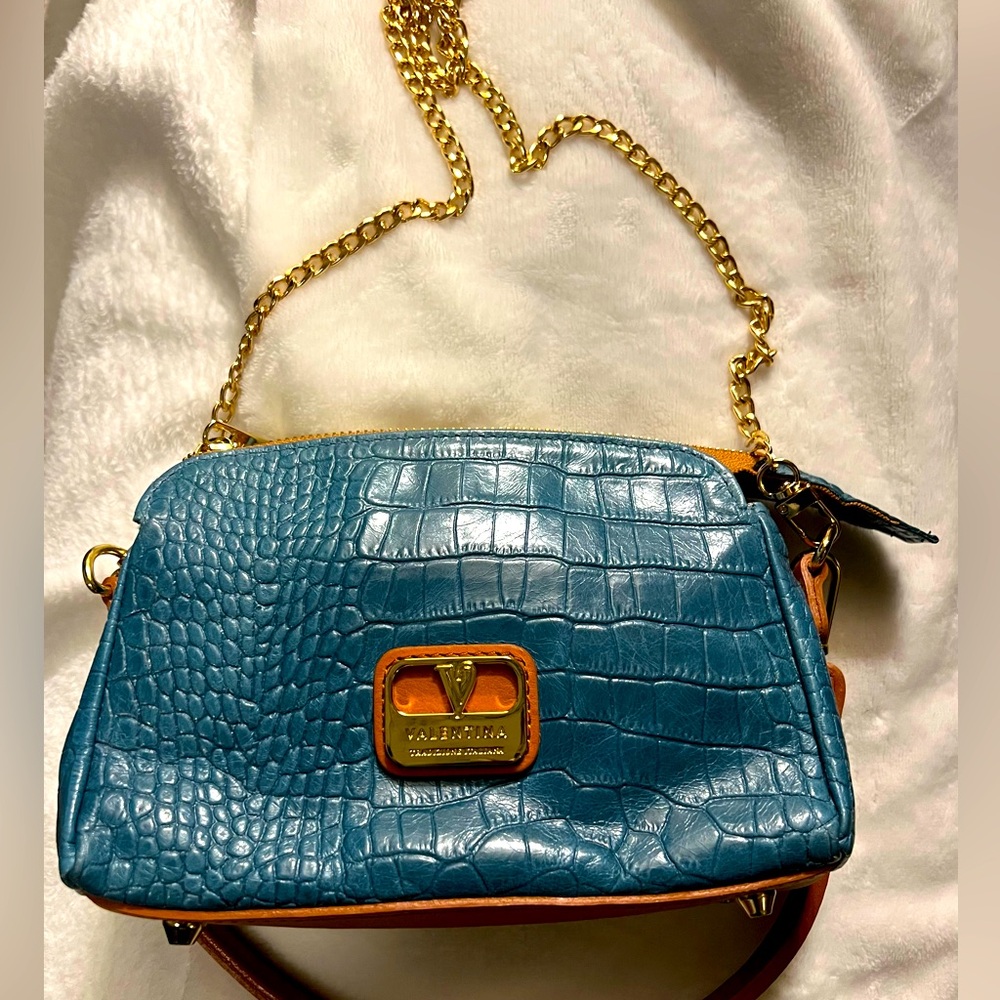 Valentina Small Croc Embossed Leather Shoulder Bag Teal / Brown Leather ￼